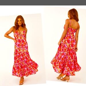 She+Sky Floral Deep V Maxi Dress S Straps Summer Sundress Tangerine & Fuchsia